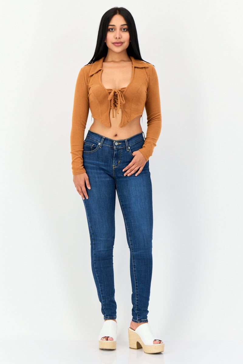 POOF Women Tie Neck Long Sleeve Textured Crop Top, Brown - Image 2