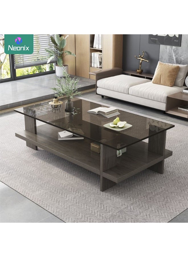 Neonix Rectangular double-tier coffee table, mid-century modern style living room centrepiece, featuring a transparent tempered glass top and walnut-coloured wooden base. This dual-level storage console measures 100cm in length, 50cm in width and 41cm in height, suitable for living rooms or offices. - Image 1