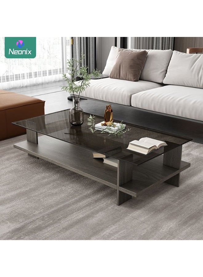 Neonix Rectangular double-tier coffee table, mid-century modern style living room centrepiece, featuring a transparent tempered glass top and walnut-coloured wooden base. This dual-level storage console measures 100cm in length, 50cm in width and 41cm in height, suitable for living rooms or offices. - Image 5