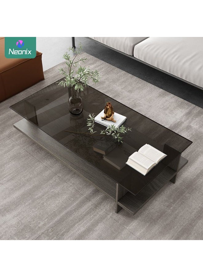Neonix Rectangular double-tier coffee table, mid-century modern style living room centrepiece, featuring a transparent tempered glass top and walnut-coloured wooden base. This dual-level storage console measures 100cm in length, 50cm in width and 41cm in height, suitable for living rooms or offices. - Image 4