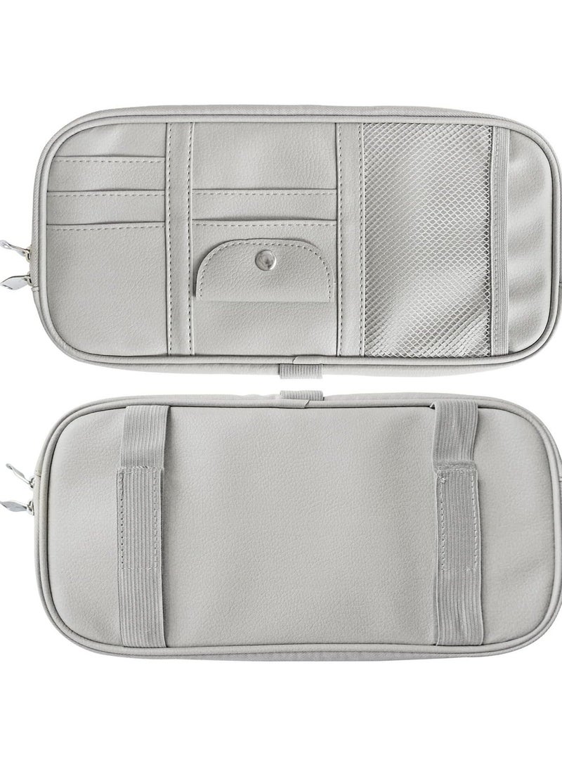 Multi-Pocket Car Sun Visor Organizer, with Double Zippers, Elastic Bands & Glasses Clip, Grey - Image 2