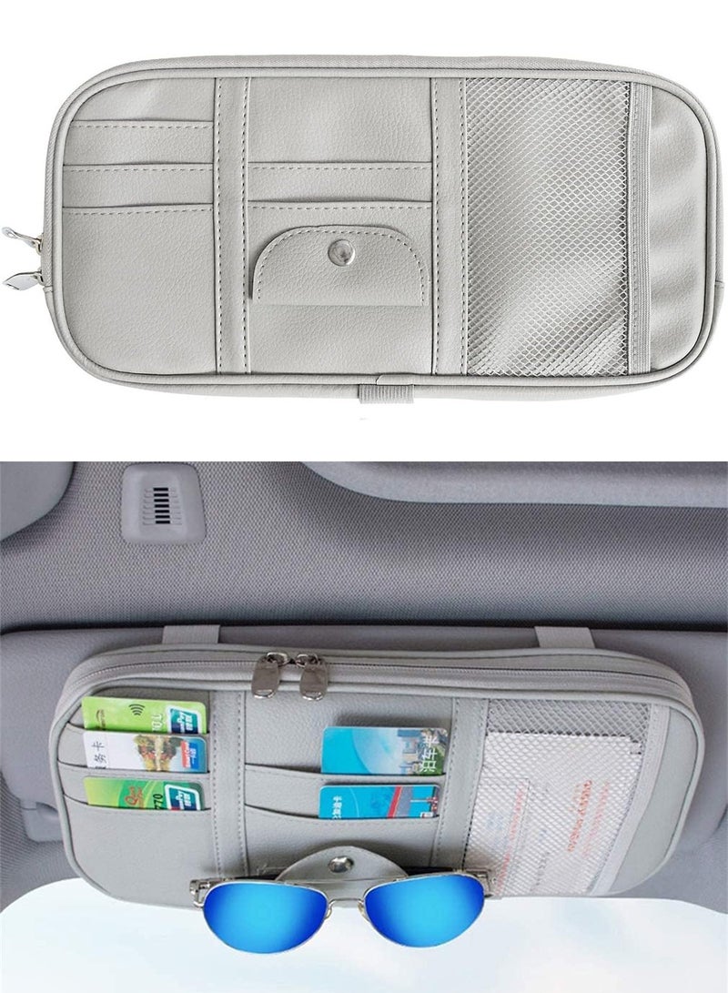 Multi-Pocket Car Sun Visor Organizer, with Double Zippers, Elastic Bands & Glasses Clip, Grey - Image 1