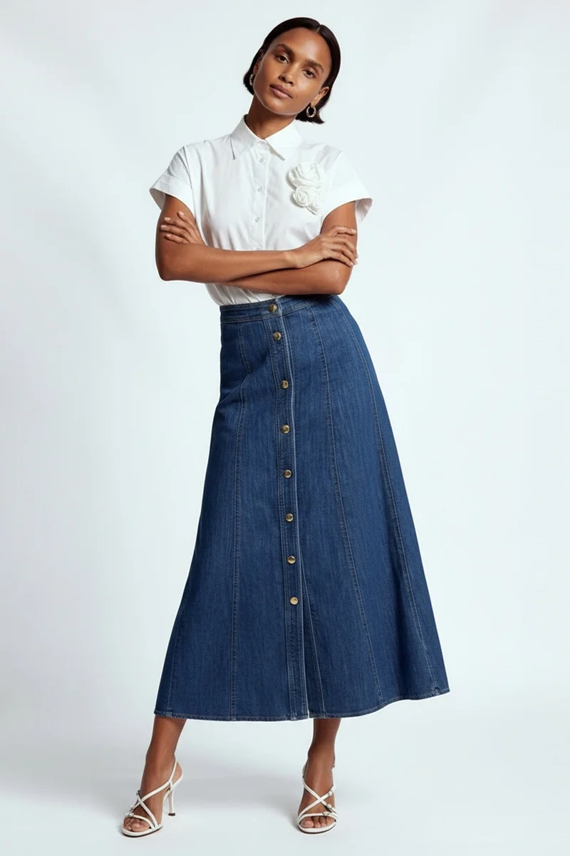 EXQUISE A-line, front-buttoned midi-length denim indigo skirt.