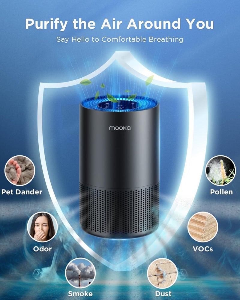 Mooka Air Purifiers for Home Large Room Pets Up to 1300 Sq Ft, MOOKA H13 True HEPA Air Purifier Cleaner with 360Â° Air Inlet, Fragrance, 13dB Air Purifier for Bedroom Wildfire Smoke Pet Dust Pollen (Black) - Image 2