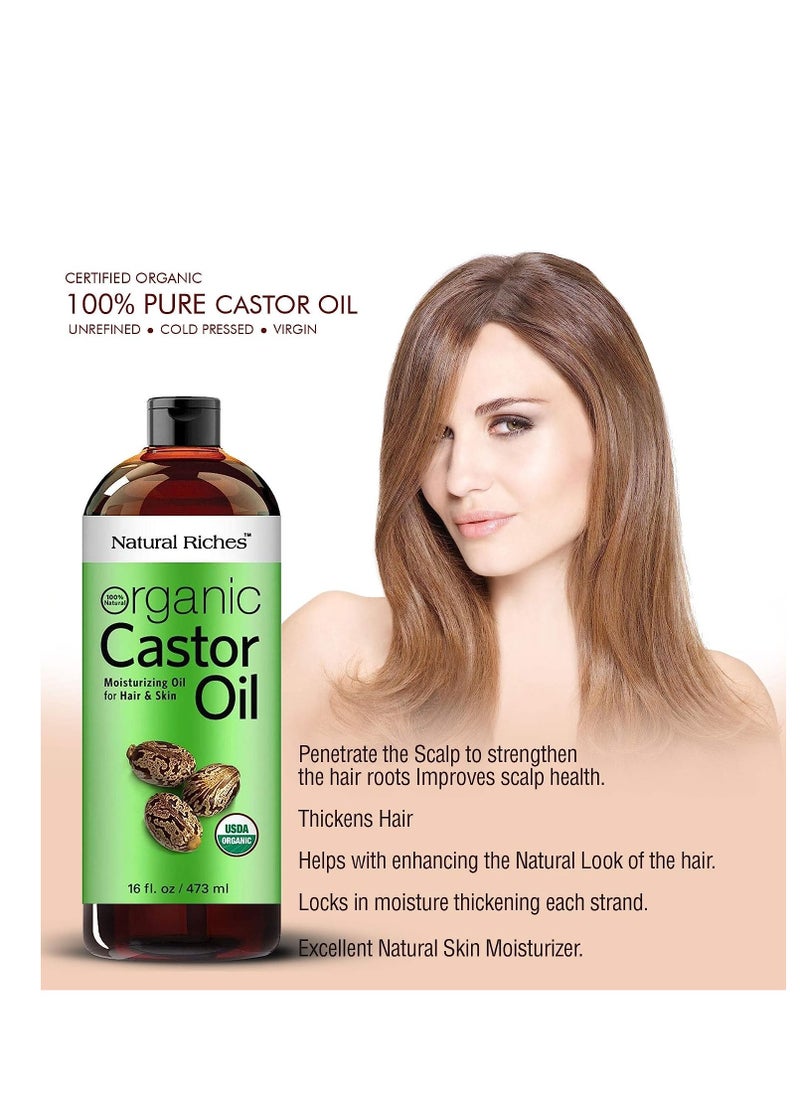 Natural Riches - Natural Riches Organic Castor Oil Cold pressed USDA certified for Dry Skin Hair Loss Dandruff Thicker Hair - Moisturizes Skin Helps Hair growth Thicker Eyelashes Eyebrows Hexane free16 fl. oz. - Image 1