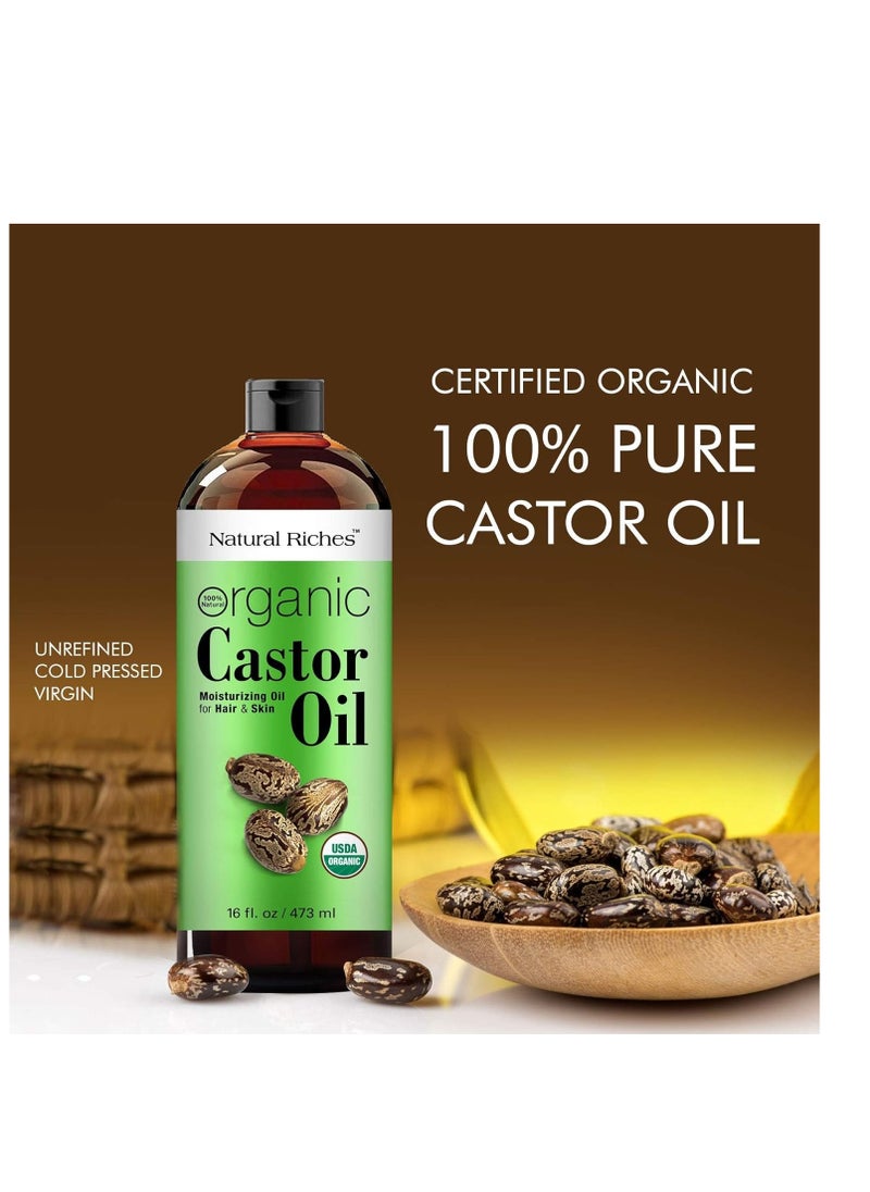 Natural Riches - Natural Riches Organic Castor Oil Cold pressed USDA certified for Dry Skin Hair Loss Dandruff Thicker Hair - Moisturizes Skin Helps Hair growth Thicker Eyelashes Eyebrows Hexane free16 fl. oz. - Image 1