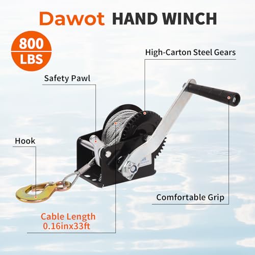 Dawot 800lbs Boat Trailer Winch, Heavy Duty Hand Crank Winch with 33ft Steel Cable, 3.2:1 Ratio Gear & 2 Way Ratchet - Image 2