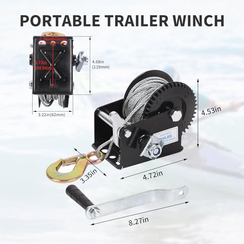 Dawot 800lbs Boat Trailer Winch, Heavy Duty Hand Crank Winch with 33ft Steel Cable, 3.2:1 Ratio Gear & 2 Way Ratchet - Image 3