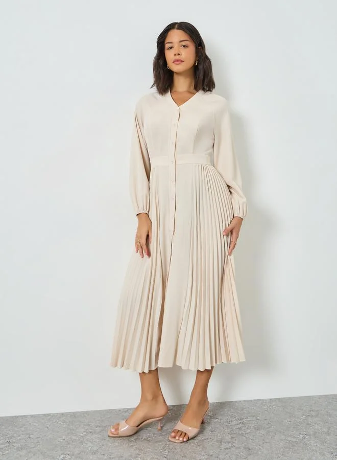 Styli Beige Pleated V Neck Midi Dress