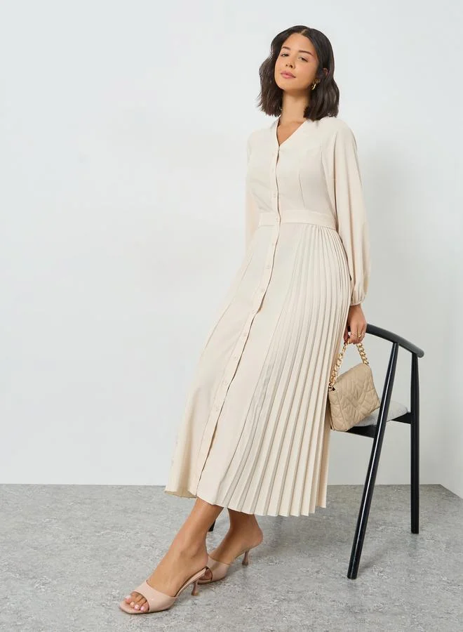 Styli Beige Pleated V Neck Midi Dress