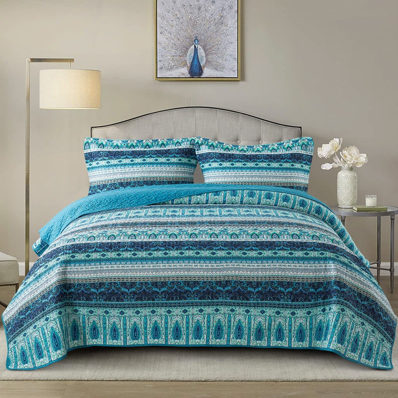 NEWLAKE طقم أغطية سرير قطنية NEWLAKE - طقم غطاء عكسي بتصميم رقع، نمط بوهيمي أزرق غامض، حجم كوين - Image 1