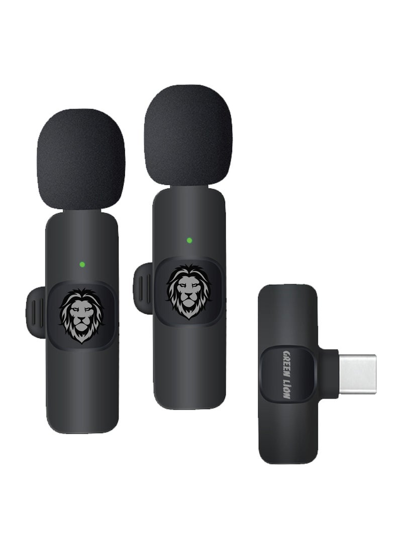 GREEN LION 3 In 1 Wireless Microphone / 60mAh Battery Capacity / USB-A / Type-C / Lightning Plugs / 20m Accessible Reception / -42DB Sensitivity / Highly Sensitive / Digital Silicon Microphone / 64DBM Adaptive Noise Reduction / Clear Timbre / Plug & Play - Black  - Image 1