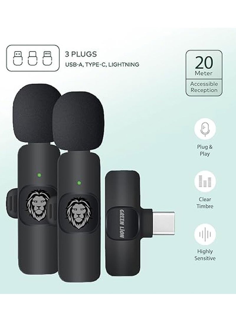 GREEN LION 3 In 1 Wireless Microphone / 60mAh Battery Capacity / USB-A / Type-C / Lightning Plugs / 20m Accessible Reception / -42DB Sensitivity / Highly Sensitive / Digital Silicon Microphone / 64DBM Adaptive Noise Reduction / Clear Timbre / Plug & Play - Black  - Image 5