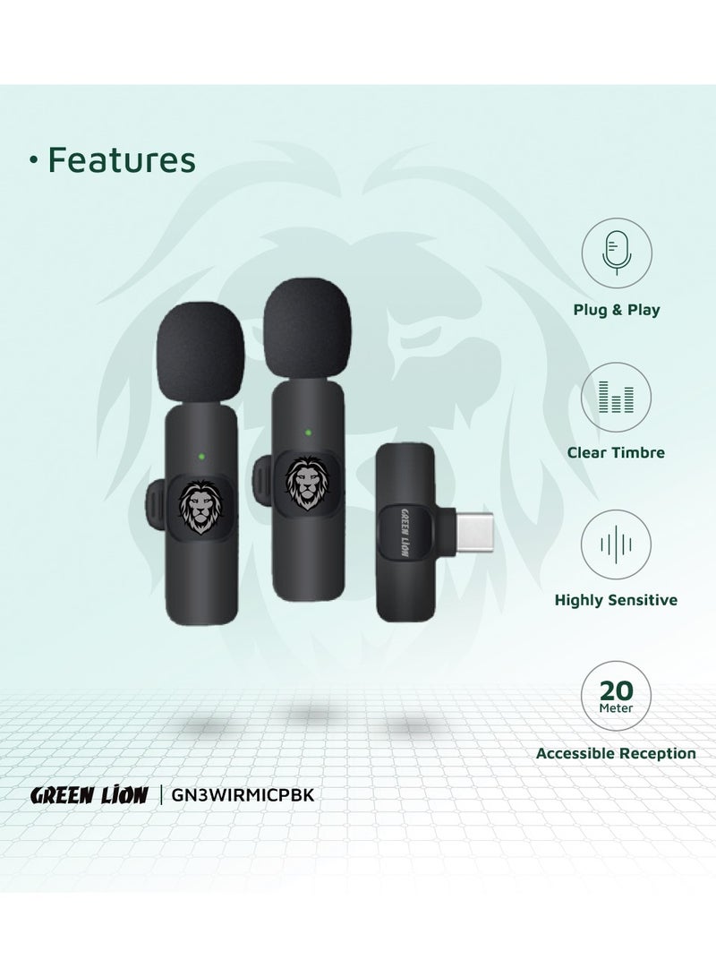 GREEN LION 3 In 1 Wireless Microphone / 60mAh Battery Capacity / USB-A / Type-C / Lightning Plugs / 20m Accessible Reception / -42DB Sensitivity / Highly Sensitive / Digital Silicon Microphone / 64DBM Adaptive Noise Reduction / Clear Timbre / Plug & Play - Black  - Image 2