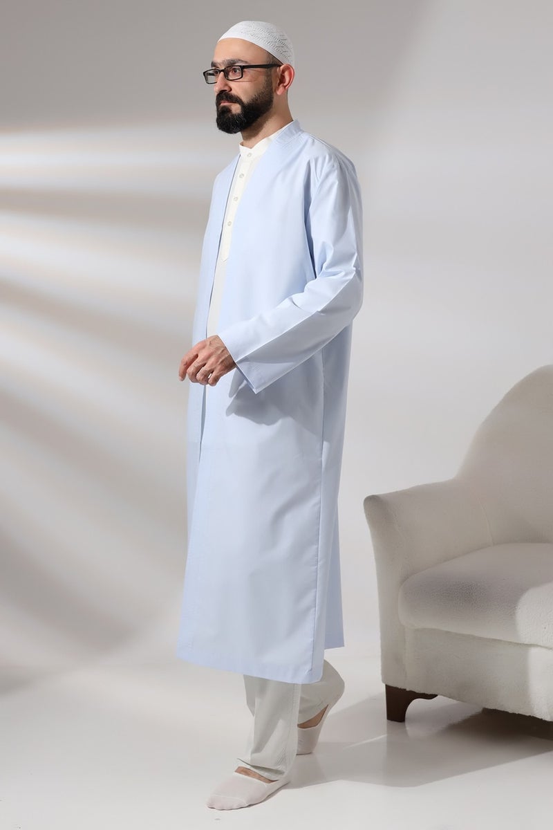 İhvan Online Ihvan Online Blue Men's Prayer Dress V Neck Buttonless Open Front Prayer Robe  - Image 4