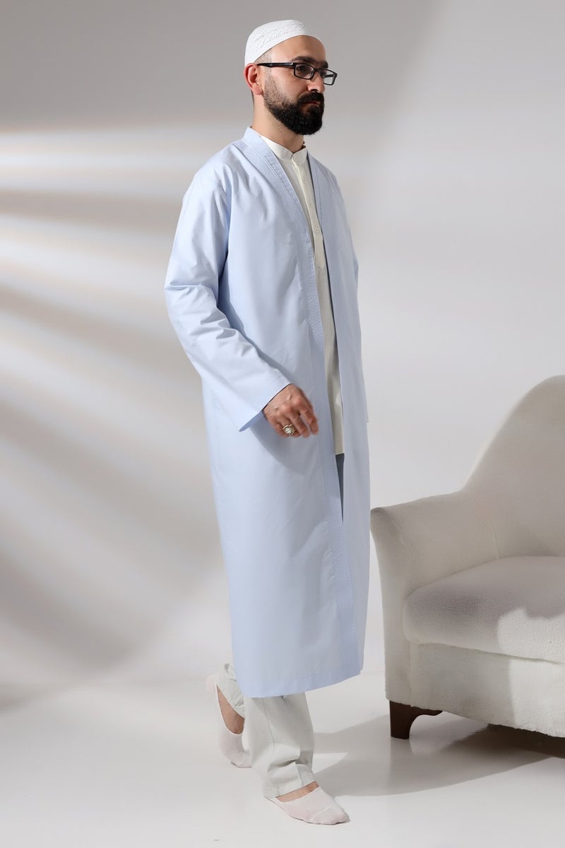 İhvan Online Ihvan Online Blue Men's Prayer Dress V Neck Buttonless Open Front Prayer Robe  - Image 3
