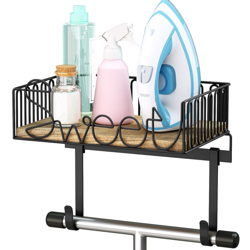 SRIWATANA Ironing Board Hanger Wall Mount Laundry Room Iron and Ironing Board Holder Laundry Room Organization and Storage with Large Storage Wood Base Basket Carbonized Black