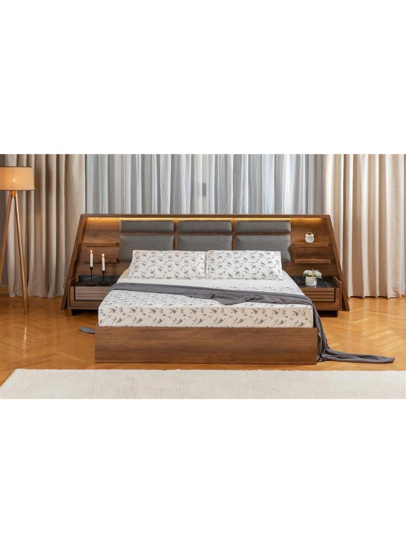 Modern Wooden Platform Bed Frame with LED Headboard, Built-in Nightstands