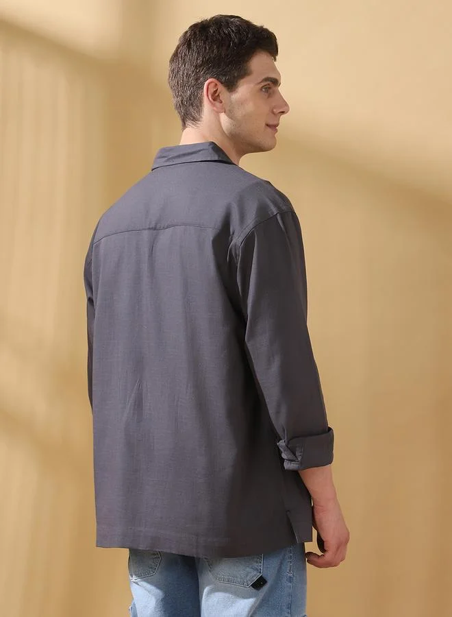 Dennis Lingo Men's Dark Grey Slub Fabric Doha Solid Pattern Button Down Relaxed Shirt