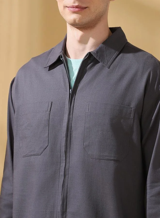 Dennis Lingo Men's Dark Grey Slub Fabric Doha Solid Pattern Button Down Relaxed Shirt
