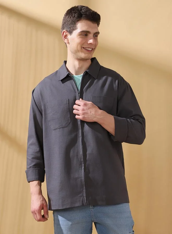 Dennis Lingo Men's Dark Grey Slub Fabric Doha Solid Pattern Button Down Relaxed Shirt