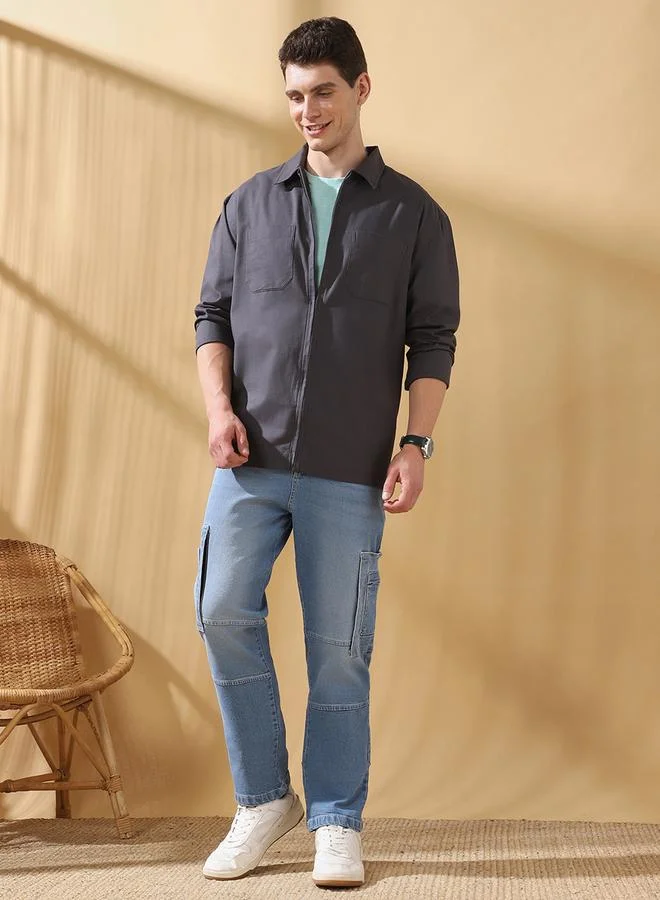 Dennis Lingo Men's Dark Grey Slub Fabric Doha Solid Pattern Button Down Relaxed Shirt