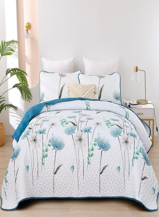 Dinjoy Floral Quilt Set California King Size,Teal Bedspread Farmhouse Bedding Set Soft Lightweight Summer Quilts 3 Piece White Oversized Bedspreads Flower Bed Sets (Cal King,112"x96") - Image 1