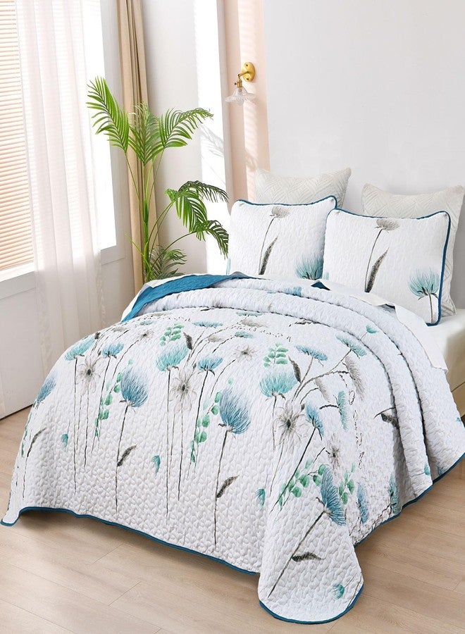 Dinjoy Floral Quilt Set California King Size,Teal Bedspread Farmhouse Bedding Set Soft Lightweight Summer Quilts 3 Piece White Oversized Bedspreads Flower Bed Sets (Cal King,112"x96") - Image 3