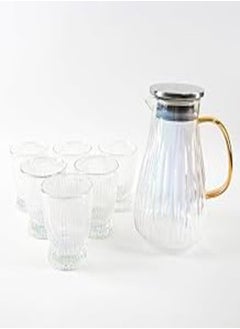 Generic Stainless Lid Ribbed Sherbet Drinking Glass Set with 6 Cups and Honeycomb Handle 7 Pieces
