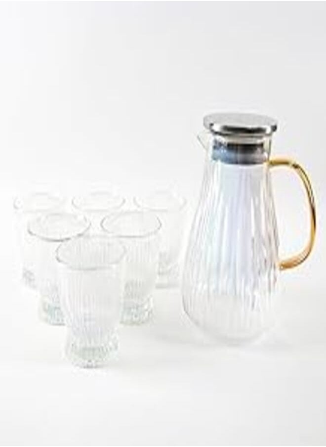 Generic - Generic Stainless Lid Ribbed Sherbet Drinking Glass Set with 6 Cups and Honeycomb Handle 7 Pieces - Image 1