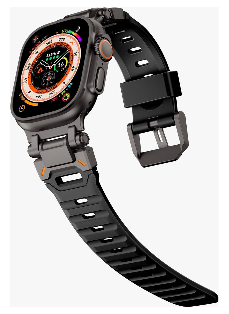 LEVELO - Kyoto Apple Watch 46/49mm Strap with Breathable Metal Mesh Design / Chemical Resistance / Hypoallergenic Material / Fluoro Rubber & Stainless-Steel Finish / 24/7 Wearability / Sweat & Water Resistant - Stealth Black - Image 1