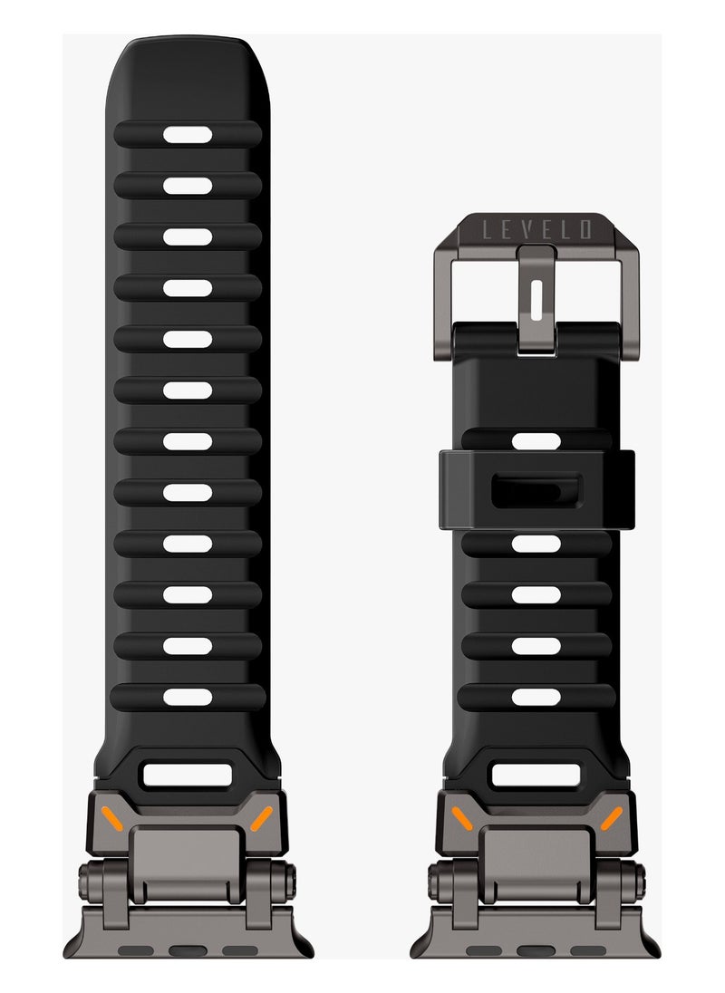 LEVELO - Kyoto Apple Watch 46/49mm Strap with Breathable Metal Mesh Design / Chemical Resistance / Hypoallergenic Material / Fluoro Rubber & Stainless-Steel Finish / 24/7 Wearability / Sweat & Water Resistant - Stealth Black - Image 1