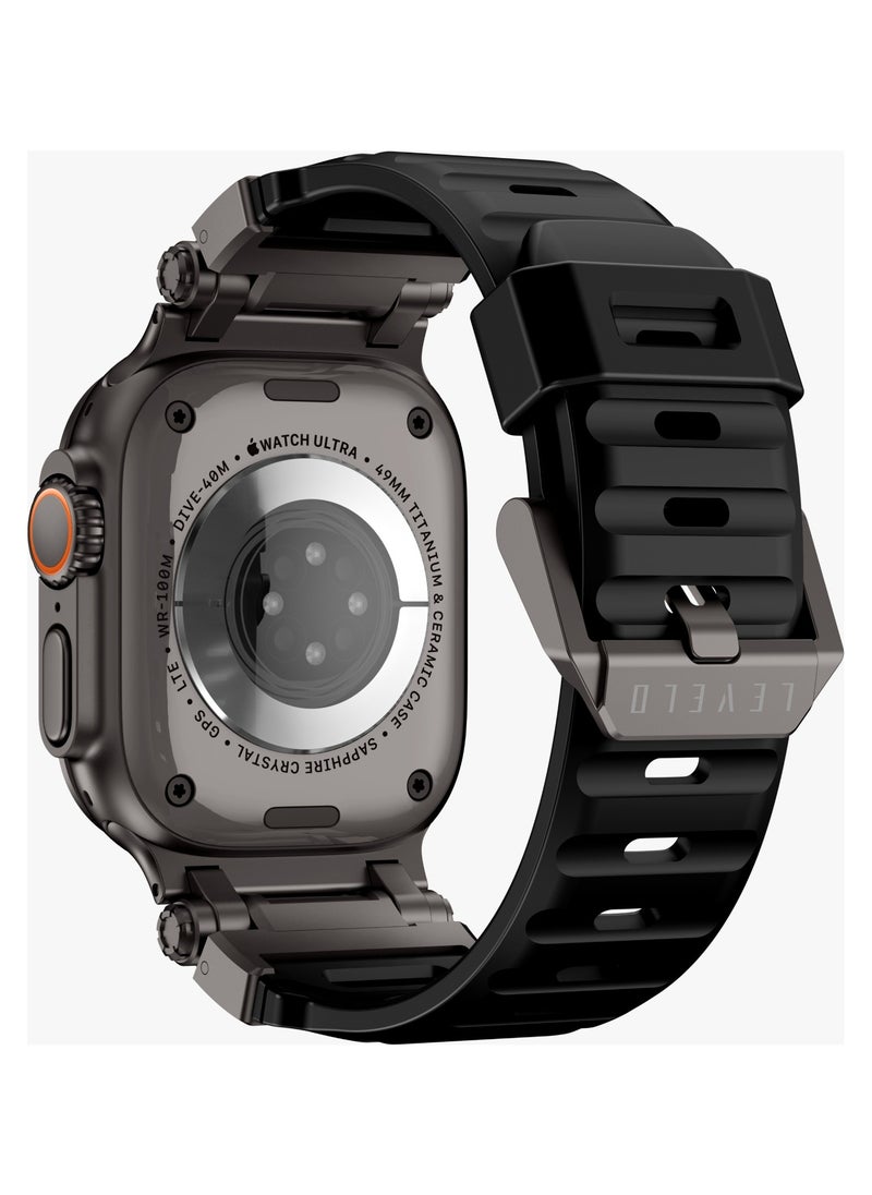 LEVELO - Kyoto Apple Watch 46/49mm Strap with Breathable Metal Mesh Design / Chemical Resistance / Hypoallergenic Material / Fluoro Rubber & Stainless-Steel Finish / 24/7 Wearability / Sweat & Water Resistant - Stealth Black - Image 1