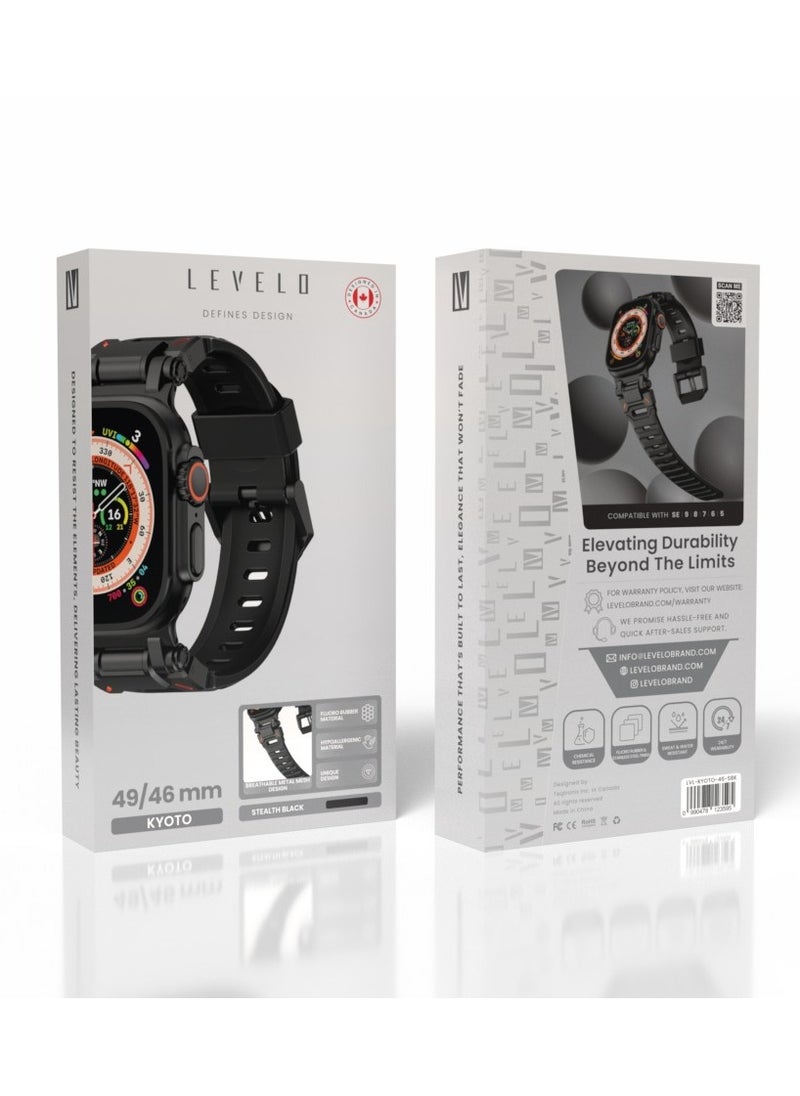 LEVELO - Kyoto Apple Watch 46/49mm Strap with Breathable Metal Mesh Design / Chemical Resistance / Hypoallergenic Material / Fluoro Rubber & Stainless-Steel Finish / 24/7 Wearability / Sweat & Water Resistant - Stealth Black - Image 1