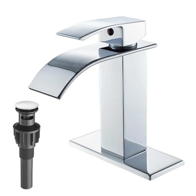 VOTON Chrome Bathroom Faucets Waterfall Bathroom Sink Faucet Modern Single Handle Bathroom Faucet for 1 or 3 Holes with Deck Plate and Pop-Up Drain, Rv Sink Camper Farmhouse Bathroom Faucet - Image 1