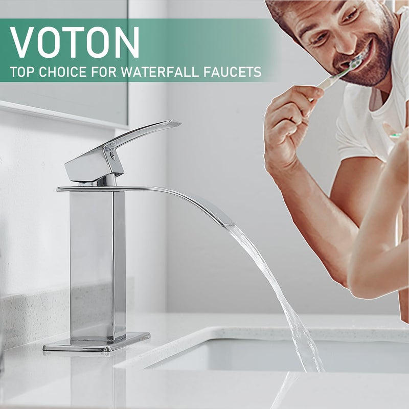 VOTON Chrome Bathroom Faucets Waterfall Bathroom Sink Faucet Modern Single Handle Bathroom Faucet for 1 or 3 Holes with Deck Plate and Pop-Up Drain, Rv Sink Camper Farmhouse Bathroom Faucet - Image 3
