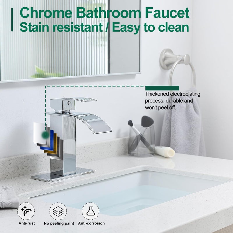VOTON Chrome Bathroom Faucets Waterfall Bathroom Sink Faucet Modern Single Handle Bathroom Faucet for 1 or 3 Holes with Deck Plate and Pop-Up Drain, Rv Sink Camper Farmhouse Bathroom Faucet - Image 5