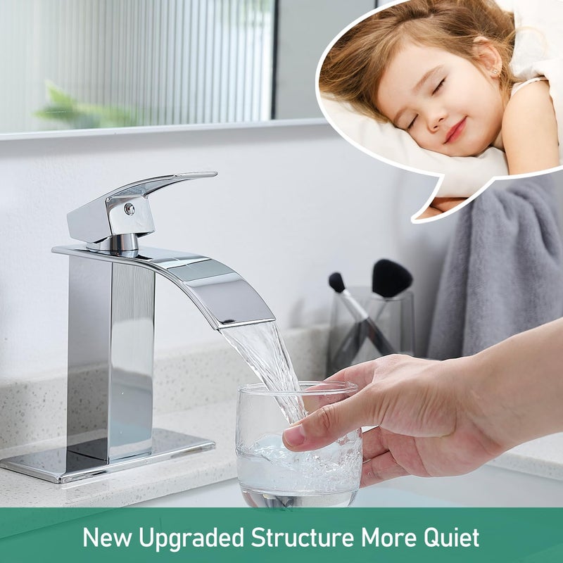 VOTON Chrome Bathroom Faucets Waterfall Bathroom Sink Faucet Modern Single Handle Bathroom Faucet for 1 or 3 Holes with Deck Plate and Pop-Up Drain, Rv Sink Camper Farmhouse Bathroom Faucet - Image 4