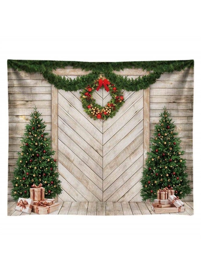 Funnytree 10x8FT Christmas Wood Door Photography Backdrop for Xmas Decoration Pine Tree Gifts Rustic House Background Photo Booth Shoot Durable Fabric Washable - Image 1