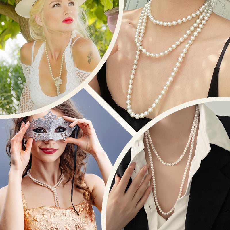 CdbC 59" Long Pearl Necklace, Faux Long Pearl Necklaces for Women, Vintage Elegant Long Pearls, Pearl Necklace Long for Wedding Party 1920s Gatsby Costume Jewelry - Image 3