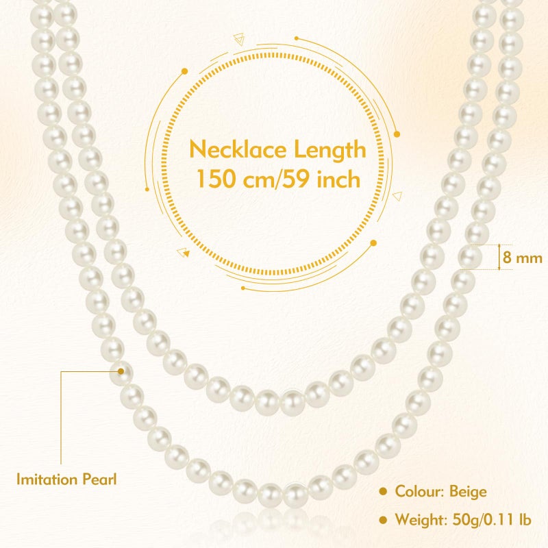 CdbC 59" Long Pearl Necklace, Faux Long Pearl Necklaces for Women, Vintage Elegant Long Pearls, Pearl Necklace Long for Wedding Party 1920s Gatsby Costume Jewelry - Image 2