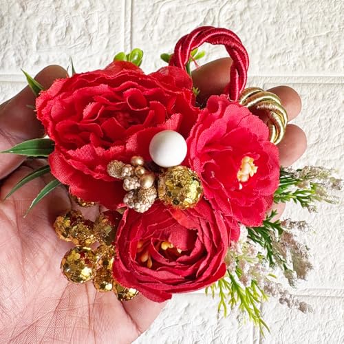 ADIKALA™ Handmade Artificial Big Peonies 3 Flower Bunch for Trousseau Packing, Ready to use Flower Brooch Hamper for Decoration, Gift Wrapping Flowers (3, Red) - Image 1