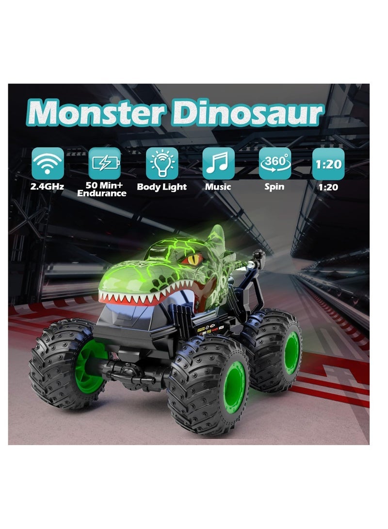 Excefore Remote Control Monster Trucks, 2.4GHz Dinosaur Remote Control Cars, Fast Stunt Car Off Road Crawler with 2 Rechargeable Batteries, Toy Gifts for 4-12 Year Old Boys and Girls (Green) - Image 2