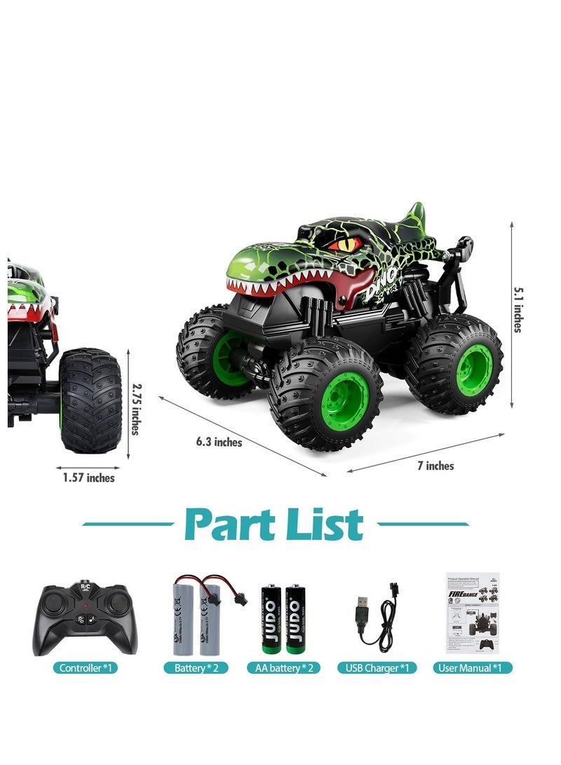 Excefore Remote Control Monster Trucks, 2.4GHz Dinosaur Remote Control Cars, Fast Stunt Car Off Road Crawler with 2 Rechargeable Batteries, Toy Gifts for 4-12 Year Old Boys and Girls (Green) - Image 3