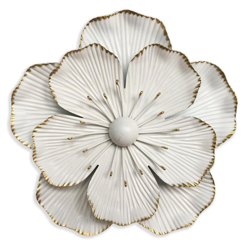 Picfarce Metal Flower Wall Art Decor, 9" Rustic Modern Floral Sculpture, Distressed Iron Wall Hanging Home Decoration Accent Artworks for Indoor Kitchen Bedroom Living Office Outdoor Garden Patio (35B-White) - Image 1
