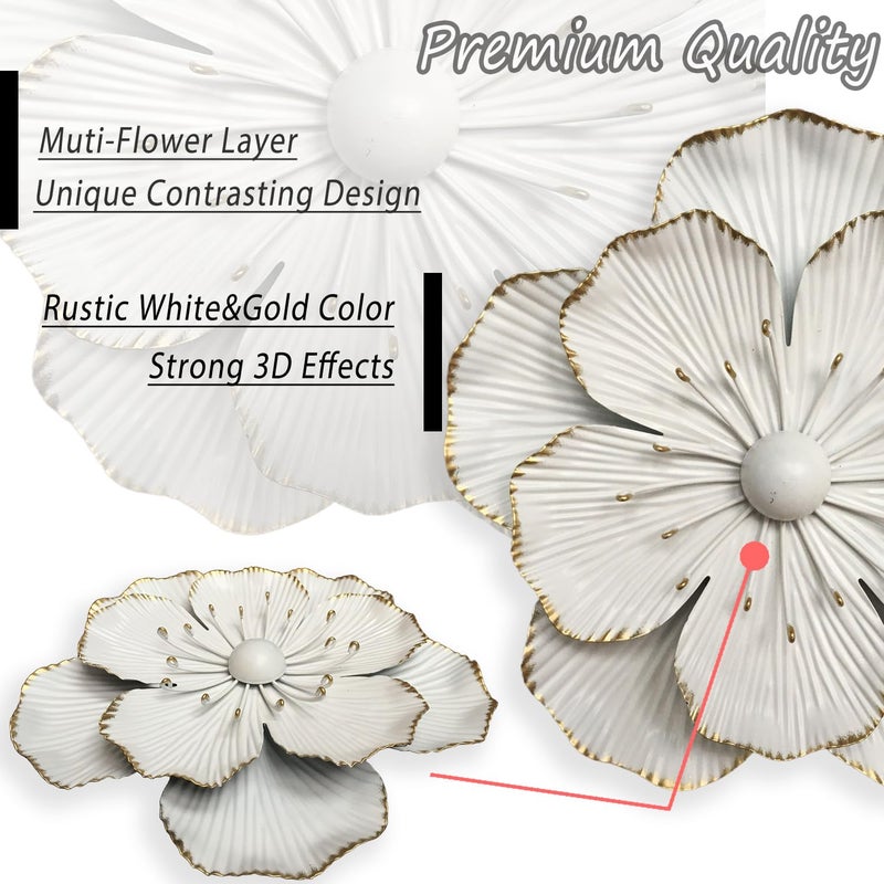 Picfarce Metal Flower Wall Art Decor, 9" Rustic Modern Floral Sculpture, Distressed Iron Wall Hanging Home Decoration Accent Artworks for Indoor Kitchen Bedroom Living Office Outdoor Garden Patio (35B-White) - Image 2