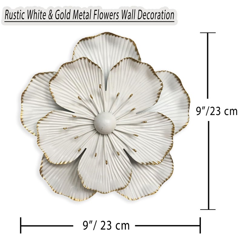 Picfarce Metal Flower Wall Art Decor, 9" Rustic Modern Floral Sculpture, Distressed Iron Wall Hanging Home Decoration Accent Artworks for Indoor Kitchen Bedroom Living Office Outdoor Garden Patio (35B-White) - Image 3
