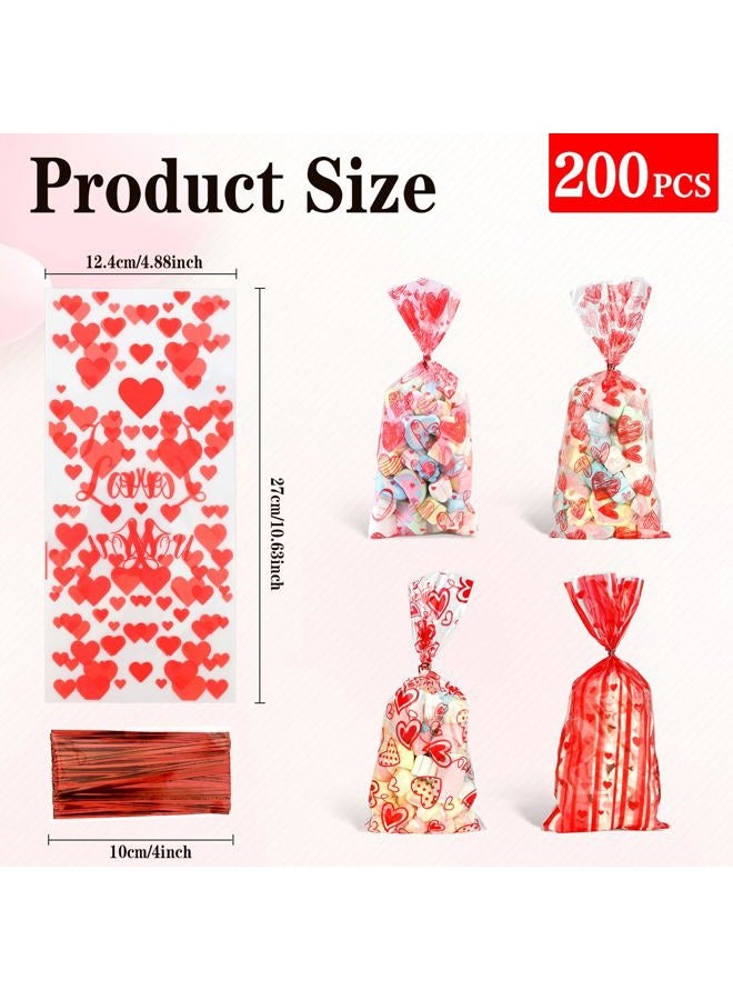BOEIAC Valentine Treat Bags, 200 Pcs Valentines Cellophane Treat Bags, Valentines Candy Bags, Valentines Cookie Gift Bags with 200 Pcs Twist Ties for Valentines Wedding Party Favor Supplies, 5 Styles - Image 2