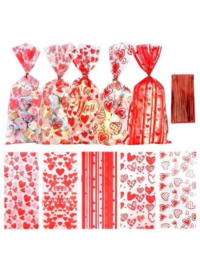 BOEIAC Valentine Treat Bags, 200 Pcs Valentines Cellophane Treat Bags, Valentines Candy Bags, Valentines Cookie Gift Bags with 200 Pcs Twist Ties for Valentines Wedding Party Favor Supplies, 5 Styles - Image 1