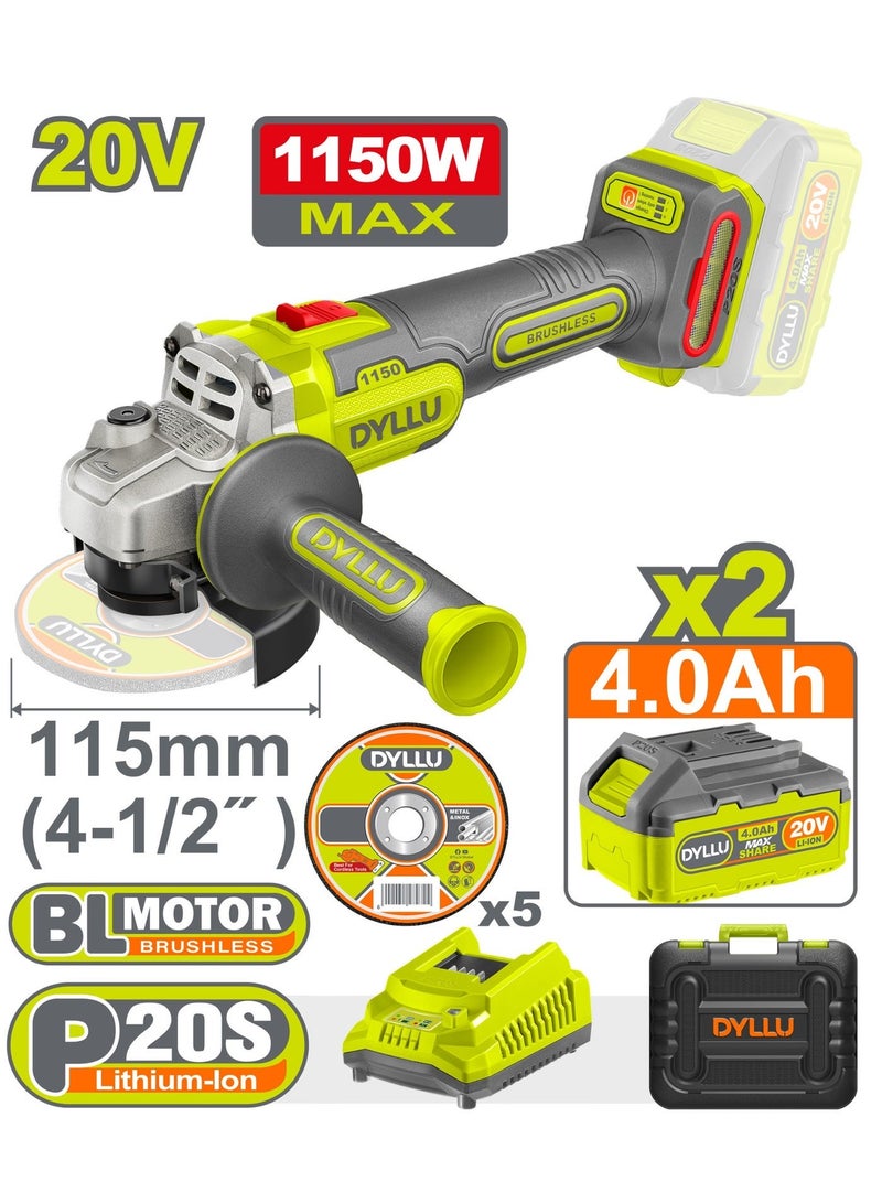 DYLLU 20V Cordless Brushless Angle Grinder 115mm (4-1/2”), 2×4.0Ah Batteries, Fast Charger & Case - Image 1